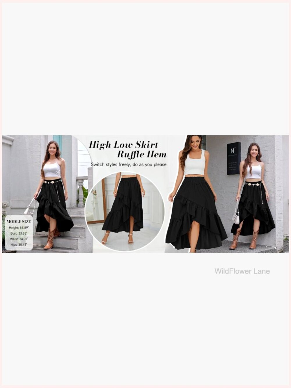 Western Boho Ruffle Maxi Skirt Asymmetrical High Low Flowy Midi - Picture 7 of 7